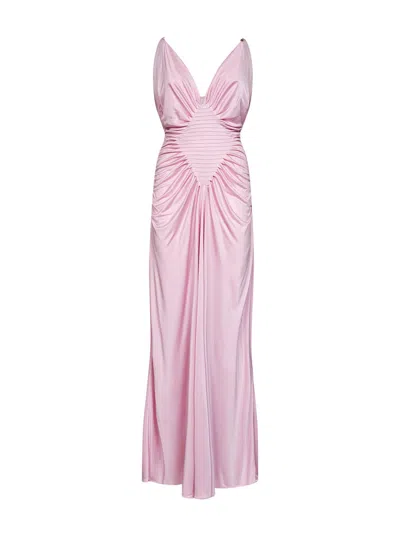 Versace Plunging V-neck Diamond-pleated Viscose Evening Dress In Pink