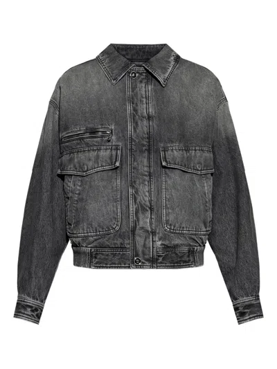 Versace Black Blouson Denim Cropped Washed Jacket In Multi