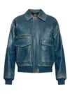 Versace Long-sleeved Leather Jacket In Blue
