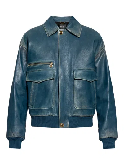 Versace Long-sleeved Leather Jacket In Blue
