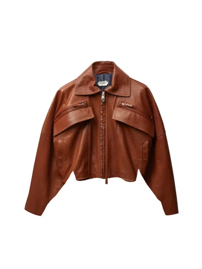 Versace Pocket Zip Leather Jacket In Brown