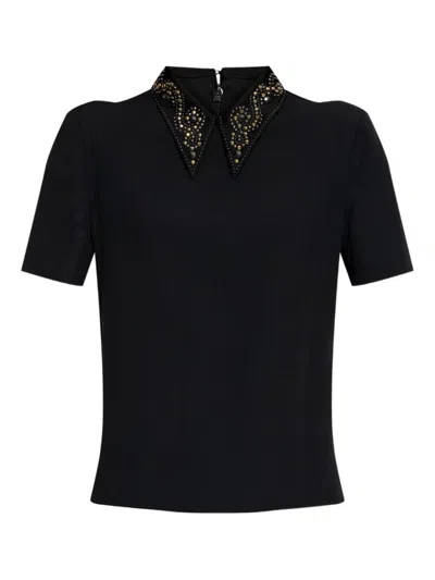 VERSACE VERSACE POINTED COLLAR BLACK SHIRT WITH GOLD AND SILVER EMBELLISHMENTS