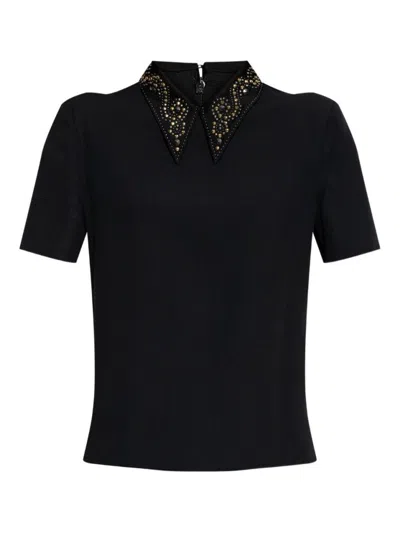VERSACE POINTED COLLAR BLACK SHIRT WITH GOLD AND SILVER EMBELLISHMENTS