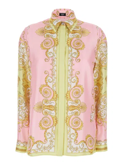 Versace Pointed-collar Silk Shirt With All-over Baroque Print For Women In Pink