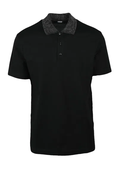 Versace Polished Cotton Polo With Textured Collar In Black