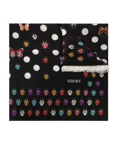Versace Polka-dot Print Wool-silk-cashmere Blend Scarf In Black