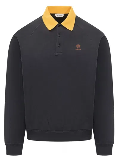 Versace Polo Collar Cotton Sweatshirt With Front Buttons And Embroidered Logo In Black