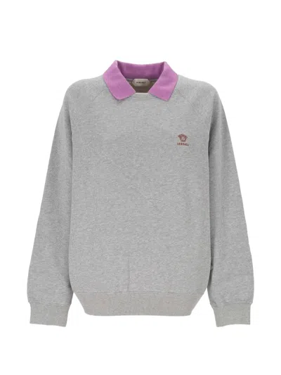 Versace Polo Collar Embroidered Sweatshirt In Gray