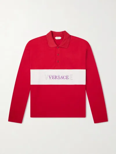 Versace Embroidered-logo Intarsia Cotton-jersey Polo In Brown