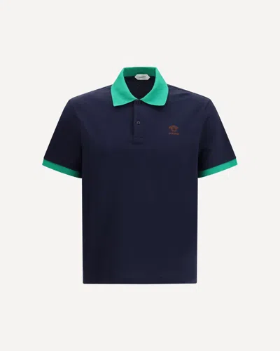 Versace Embroidered Cotton Piqué Polo In Blue