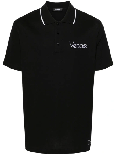 Versace Logo棉质珠地网眼布polo衫 In Black  