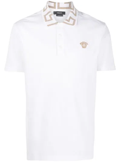 Versace Polo Shirt With Greek Pattern In White