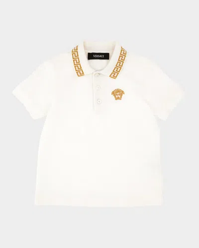 Versace Kids' Polo Piquet - Greca - Outline Medusa Embroidery In White
