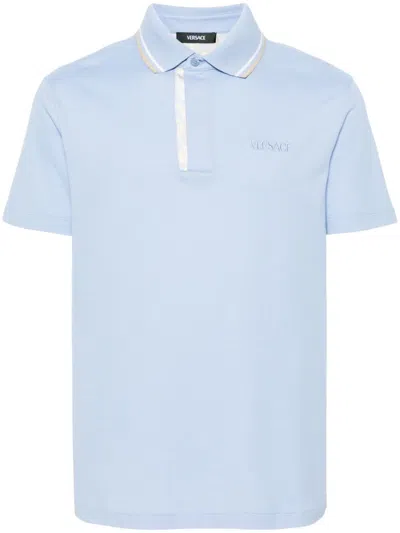 Versace Polo Piquet Fabric With Printed Silk Inserts And  Embroidery In Blue