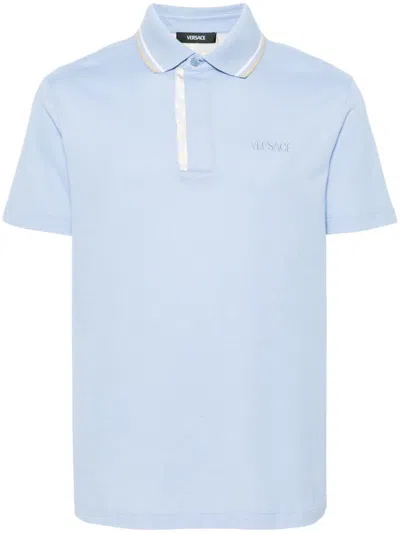 Versace Men's Polo Shirt With Silk Insert In Blue