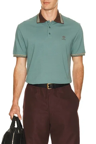 Versace Polo Piquet With Vintage Logo Embroidery In Green