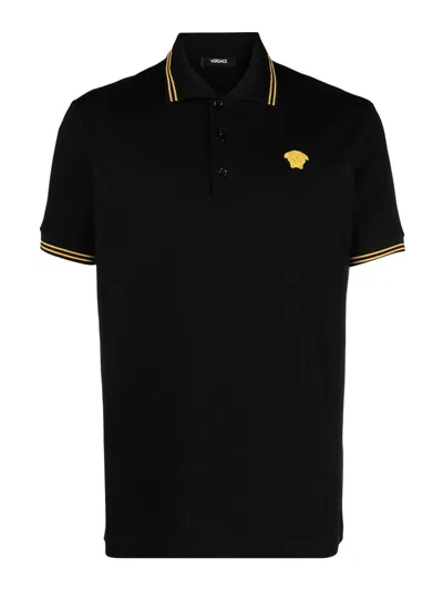 Versace Polo Shirt With Contrasting Logo In Black