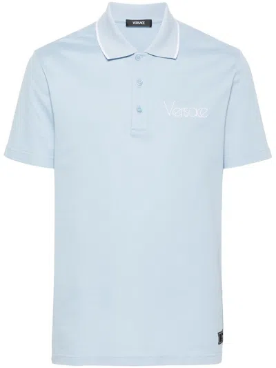 Versace Logo-embroidered Cotton Polo Shirt In Blue