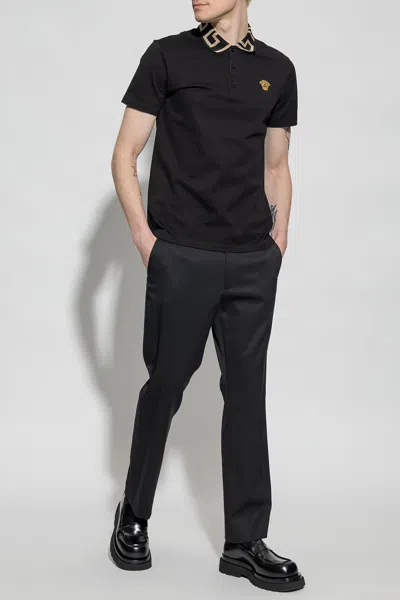 Versace Geometric Patterned Black Polo Shirt With Classic Placket