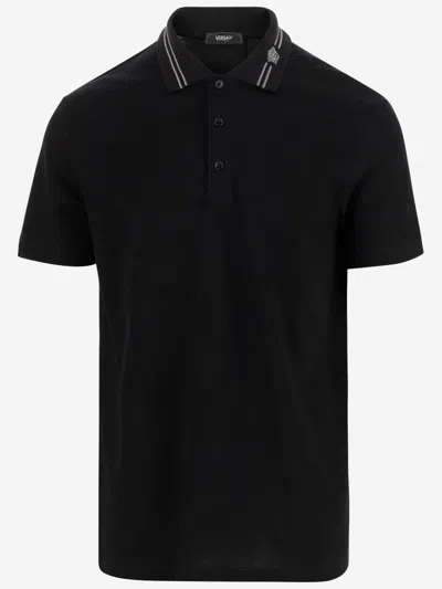 Versace Polo Shirt With Medusa Embroidery In Black