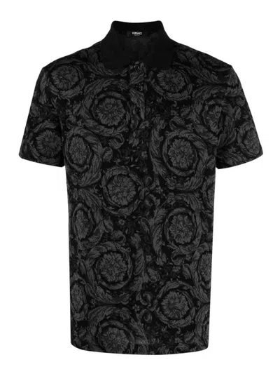 Versace Barocco Print Polo T-shirt In Grey