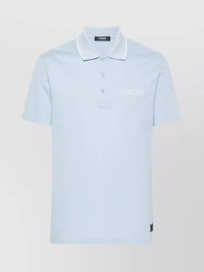 Versace Polo Shirt With Side Slits And Piqué Weave In Blue