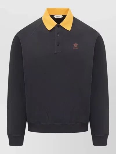 Versace Polo Sweatshirt Contrast Collar Ribbed Cuffs In Black