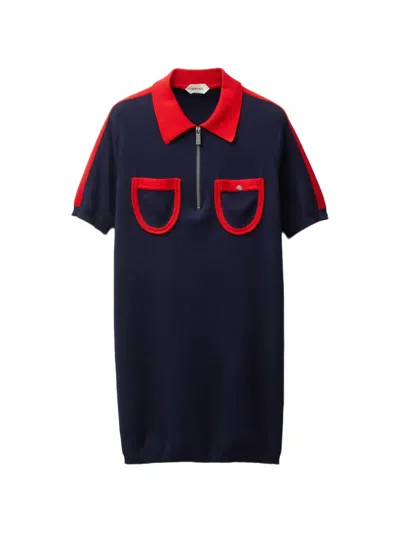 Versace Medusa-emblem Short-sleeve Pointed-collar Zip-front Dress In Blue