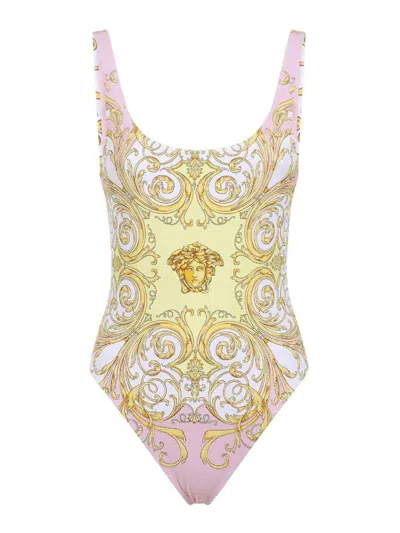 Versace Multicolor One-piece Swimsuit With All-over Medusa Print In Tech Fabric For Women In Yellow