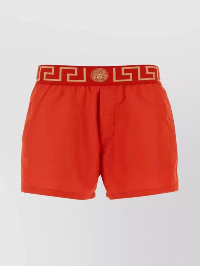 Versace Polyester Swim Shorts With Pockets And Elastic Waistband In Red
