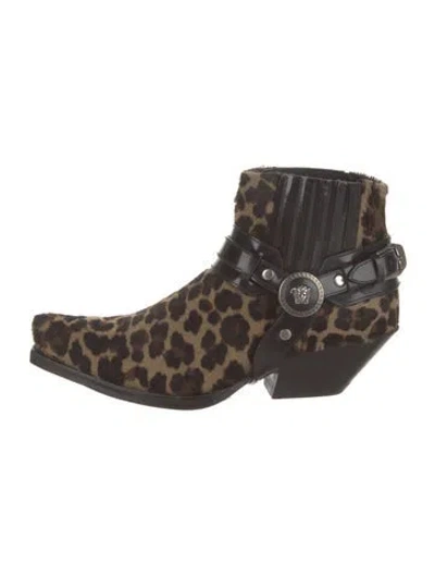 Pre-owned Versace Ponyhair Animal Print Moto Boots In Brown