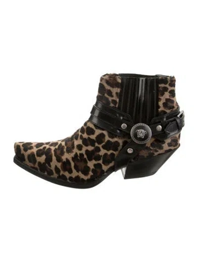 Pre-owned Versace Ponyhair Animal Print Western Boots In Black