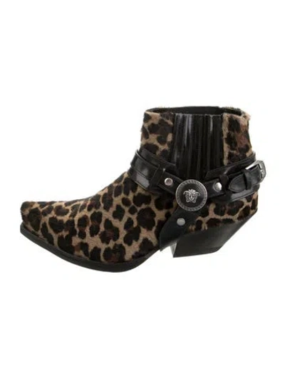 Pre-owned Versace Ponyhair Animal Print Western Boots In Neutrals