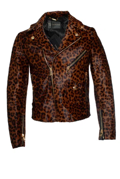 Versace , Ponyskin Leopard Biker Jacket Fw24 In Brown