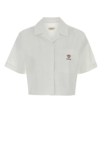 Versace Medusa Embroidered Cotton Poplin Crop Camp Shirt In White