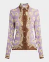 Versace Poppies Print Crinkled Crepe Button-up Shirt In Dusty Lavander Tobac