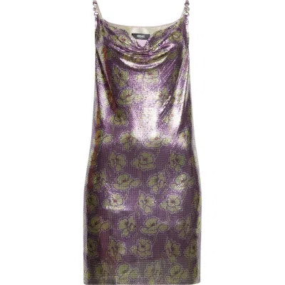 Versace Poppies Metal Mesh Mini Slip Dress In Purple