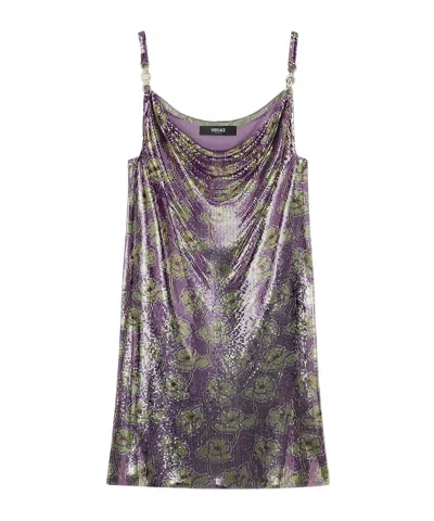 Versace Poppies Metal Mesh Mini Slip Dress In Purple