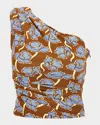 Versace Poppies-print Crepe Jersey One-shoulder Crop Blouse In Tobaccopowder Blue