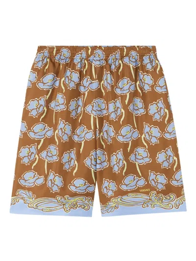 Versace Elastic Waistband Floral Print Shorts In 5n630 Print