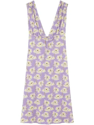 Versace Poppies V-neck Midi Dress In Purple+yellow