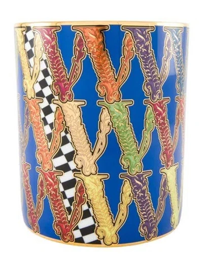 Pre-owned Versace Porcelain Virtus Vase In Blue