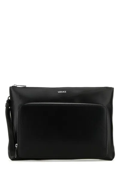 VERSACE VERSACE BLACK LEATHER LARGE CARGO CLUTCH