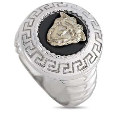 Versace 18k White Gold Onyx Ring In Metallic