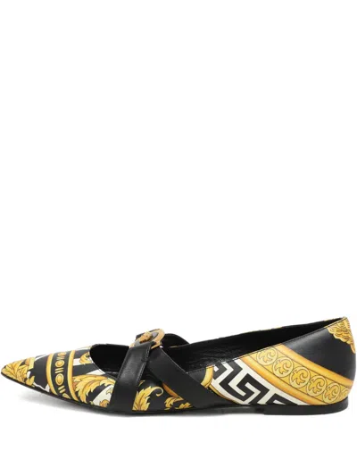 Pre-owned Versace Print Leather Ballet Flats In Black