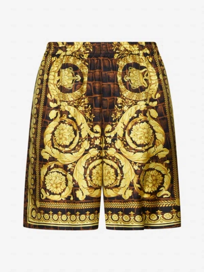Versace Barocco-print Silk Shorts In Multicolor