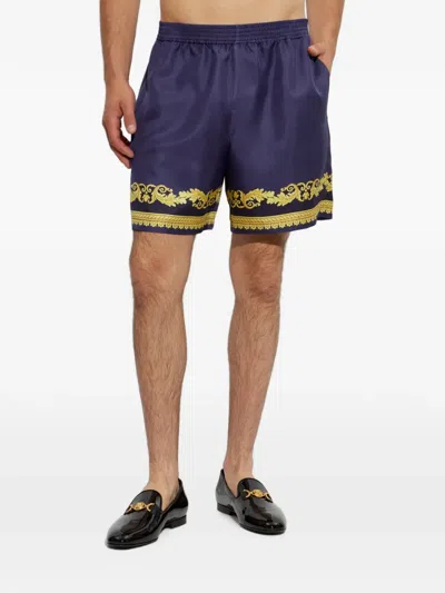 Versace Shorts Silk Twill Print New Barocco Foulard In Blue