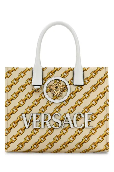 VERSACE PRINTED CANVAS SMALL CHAIN STRIPES LA MEDUSA SHOPPING BAG
