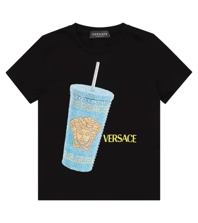 Versace Kids' Printed Cotton Jersey T-shirt In Nero+azzurromulticolor