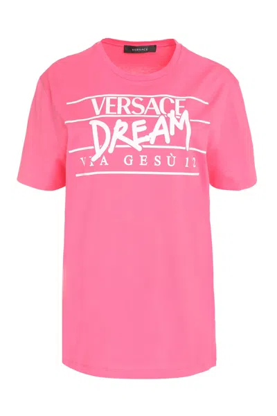 Versace Printed Cotton T-shirt In Fuchsia